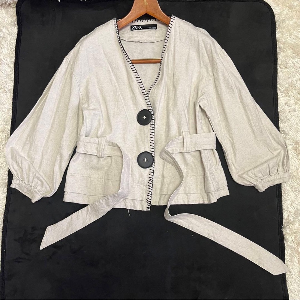 Zara NWT light beige and black contrast button front linen tie belted cardigan - Picture 4 of 10